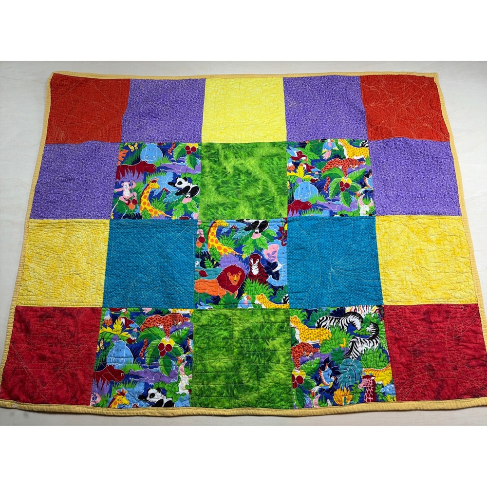Handmade Jungle Safari Baby Quilt Colorful Patchwork Animal Nursery Blanket34x42
